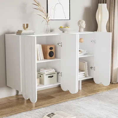 Image de MODFU Buffet Contemporain en Forme de Goutte d'Eau avec 4 Portes Sculptées - Meuble de Rangement - Panneaux de Particules - Blanc - 120x37,5x80,8 cm