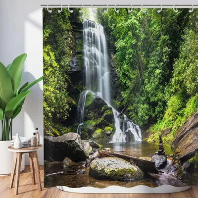 Produktbild von Duschvorhang Wald 180 x 180 cm, Tropischer Dschungel Regenwald Grüner Baum Pflanze Natur Landschaft Wasserfall Landschaft Duschvorhang Wasserdicht Polyester Waschbar Duschvorhang mit Haken