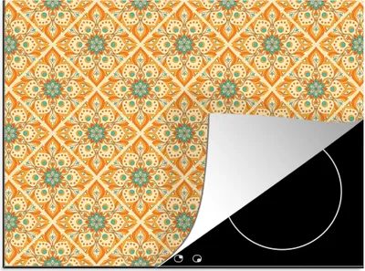 Produktbild von KitchenYeah© Herdabdeckplatte Mandala - Boho - Blumen - Orange - Muster , 71x52cm, Küche Deko, Glaskeramikkochfeld Herdabdeckung, Abdeckplatte fùr Kochfeld
