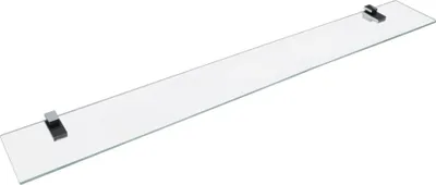 A long, clear glass shelf with two metal brackets on a white background.