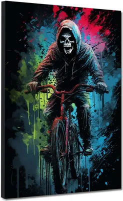 Produktbild von Sensenmann auf Fahrrad Leinwandbild Wandbild Dekoration XL Kunst: 120x160x4cm