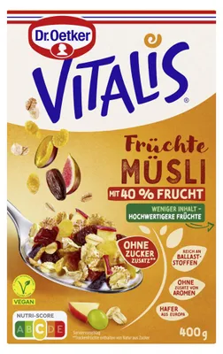 Produktbild von Dr. Oetker Vitalis Früchtemüsli ohne Zuckerzusatz vegan Packung 400g