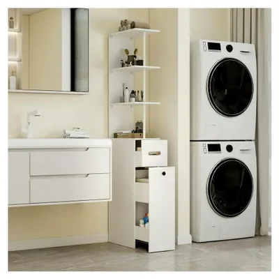 Produktbild von Badschrank, schlanker Nischenschrank mit Schubladen und offenem Fach, schmaler Aufbewahrungsschrank für das Bad, Weiß, Badmöbel für kleine Bäder