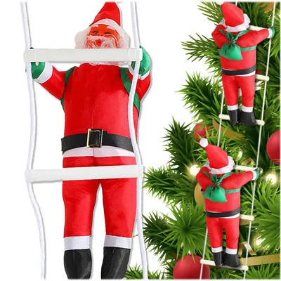Image de KRUMAD Pères Noël 3 sur échelle 100×12 cm - Décoration de Noël pour l'intérieur, figurine de Père Noël en polyester avec échelle en coton