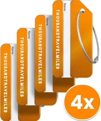 Produktbild von Aluminium Kofferanhänger Set 4 Stück – Gepäckanhänger mit Adressschild für Reisegepäck – Orange – kompakt und wiederverwendbar – Thousandtravelmiles