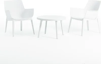 Immagine prodotto di Set di 2 sedie da giardino in plastica rinforzata con fibra di vetro con tavolo coordinato - design moderno, ergonomico e resistente alle intemperie, ideale per il giardino, il patio e la piscina - BETTY - Bianco