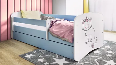 Obrázok produktu pre Detská posteľ pre mladých mačka 70x140, 80x160, 80x180 cm - kompletná súprava s matracom, zásuvkou a ochranou proti vypadnutiu