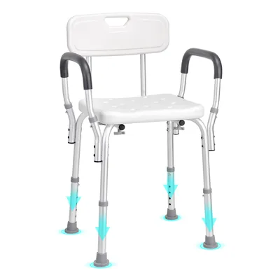 A white shower chair with armrests and a backrest, shown on a white background. Blue arrows indicate adjustable leg height.