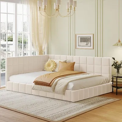 Immagine prodotto di Letto imbottito 140x200 cm, divano letto con rete a listelli, letto multifunzionale beige in tessuto vellutato, con schienale e cassetti montabili su entrambi i lati