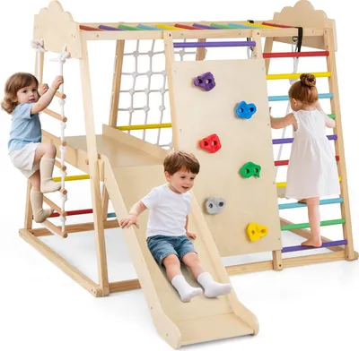 Image de COSTWAY Structure d'escalade, 8 en 1 Triangle d'escalade avec balançoire, filet à grimper, toboggan, rocher à grimper, perches de singe, échelle de corde&plateforme pour enfants 3+Coloré