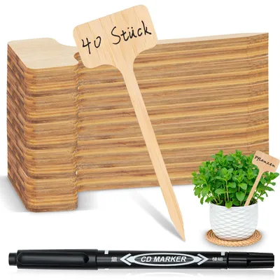Produktbild von Gucass 40x Pflanzenschilder aus Bambus, Pflanzenstecker zum Beschriften inklusive Marker, Wetterfest Stecketiketten, Pflanzschilder, Pflanzen schilder für Gemüse, Kräuter, Blumen (6 x 18 cm) – Größe 6