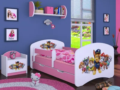 A child's bedroom with a pink bed and matching nightstand, decorated with Paw Patrol characters.