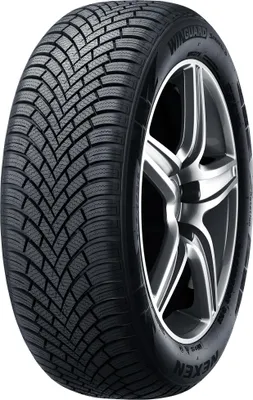 A close-up studio shot of a Nexen Winguard Snow G3 tire mounted on a silver alloy wheel, isolated on a white background.