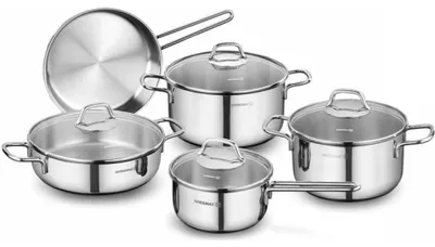 Produktbild von Korkmaz Perla 9-teiliges Topfset Induktion Kochgeschirr-Set - Edelstahl, induktionsgeeignet, mit Glasdeckel A1609