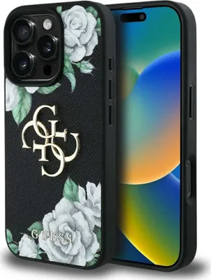 Produktbild von Guess Grained Roses Etui für iPhone 16 Pro Max Schwarz