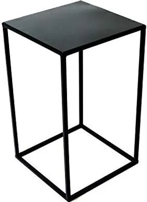 A black metal plant stand with a square top and a square base, shown against a white background.