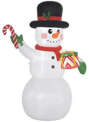 Productafbeelding van Sneeuwpop van 1,80 m met zuurstok en cadeautje, zelfopblazend, LED-verlichting, weerbestendig
