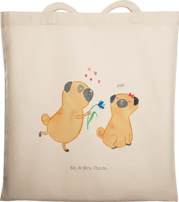 Produktbild von Mr. & Mrs. Panda Shopping Tasche Mops Verliebt - Transparent - Geschenk, Hund, Stoffbeutel, Sprüche, Freund, Laptoptasche, Liebe, Knuffig, Einkaufstasche, Tote Bag