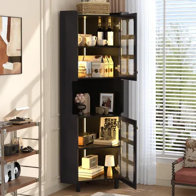 Produktbild von okwish Eckschrank Bücherregal Badezimmerschrank mit LED-Beleuchtungssystem,Hochschrank Vitrine mit 2 verstellbaren Kippsicherungen,Schwarz