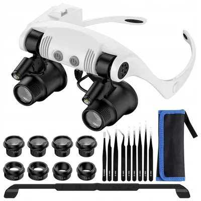 Produktbild von Lupe mit Licht - Kopfbandlupe - Lupenbrille mit 2 LED - 10x/15x/20x/25x Lichtern Wechselobjektiv - Stirnbandlupe - für Reparieren, Nähen, Handwerk