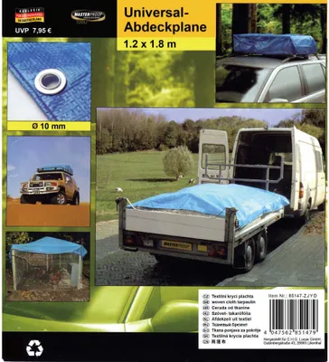Collage of images showing a blue tarp, a car with a tarp on the roof, a trailer with a tarp, and a covered structure.
