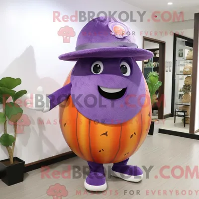Produktbild von Maskottchen REDBROKOLY einer lila Melone mit Jeggings und Hut