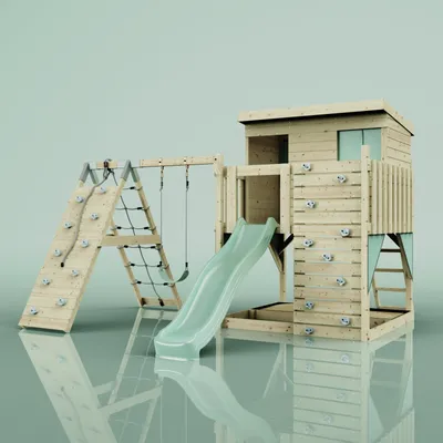Produktbild von OutdoorToys Spielturm Emil aus Holz in Grün Mintgrün, mit Kinderschaukel