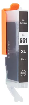 A close-up studio shot of a black ink cartridge with an orange clip.