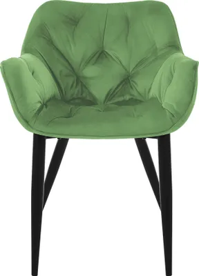 A single green velvet chair with black legs, shown from the front.