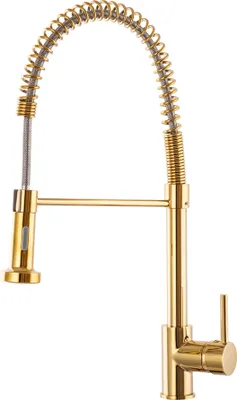 A gold kitchen faucet with a pull-down sprayer and a coiled hose, isolated on a white background.