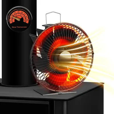 Immagine prodotto di Ventilatore per stufa Ikodm, con 6 pale, griglia di protezione e termometro, alimentato a energia termica, silenzioso, colore nero