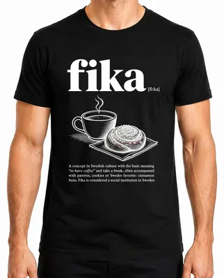 Productafbeelding van Fika: Zweedse koffiepauze. Kanelbroodje. Statement. Sarkasme. Noordse heren T-shirt, zwart, maat L