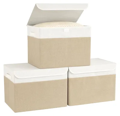Produktbild von Set mit 3 stabilen Stangenhalterungsboxen mit Deckel und Griffen, Stoffbezug, 25 x 20 x 15 cm, weiß und beige