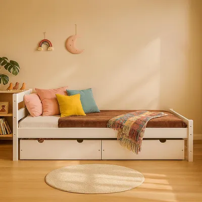 Produktbild von MEBLE WRÓBEL Kinderbett 80x190 cm in Weiß - Jugendbett Bett - Einzelbett aus Kiefernholz, MDF & HDF - mit 2 Schubladen und Lattenrost - Tagesbett ohne Matratze