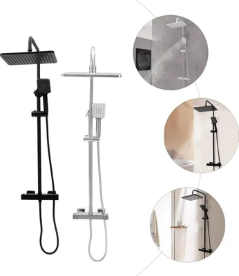 Produktbild von Quadratische Thermostat-Duscharmatur, Duschset, zur Wandmontage, Regendusche, hellsilber