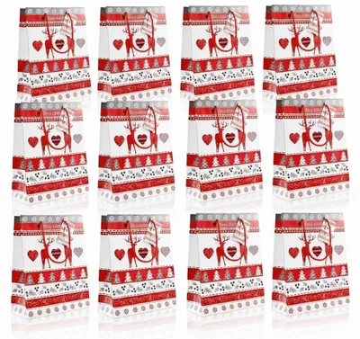 Produktbild von Bambelaa! 12 Stück Geschenktüten Weihnachten Klein Papiertüten Geschenktasche "Hirsch rot weiß" Weihnachtstüte Geschenkverpackung Präsenttüten 128 g Papier Hirsch Rot Weiß Matt (Ca. 18 x 8 x 23 cm)