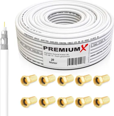 Produktbild von PremiumX 20m BASIC Koaxialkabel 135dB 4-fach SAT Antennenkabel Koax-Kabel DVB-S / S2 DVB-C und DVB-T BK Anlagen 10x F-Stecker
