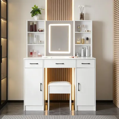 Immagine prodotto di Comò con specchio a LED - Bianco - 3 cassetti - Legno