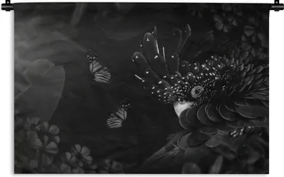 Produktbild von MuchoWow® Wandteppich Wandbehang Vogel und Schmetterlinge im Dschungel - schwarz und weiß 150x100 cm Tapisserie Dekoration Wandtuch - Waschbar - Tapisserien - Wand-Decke