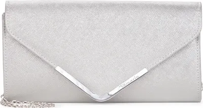 A silver clutch bag is shown from the front on a white background.