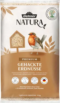 Produktbild von Dehner Natura Premium Wildvogelfutter, gehackte Erdnüsse schalenfrei, Ganzjahresfutter proteinreich / energiereich, hochwertiges Vogelfutter für Wildvögel, 10 kg