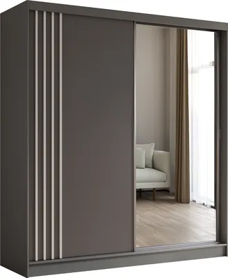 Produktbild von 200 cm Kleiderschrank Neli mit Lamellen und Spiegel inklusive 2 Schiebetüren Schwebetürenschrank (Farbe: grau, grau, Lamelle weiß)
