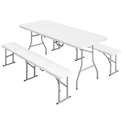 Produktbild von 3-teiliges Picknicktisch-Set, 1 Tisch, 2 Bänke, Faltbarer Campingtisch mit Tragegriffen, Kunststoff, Metall, Weiß