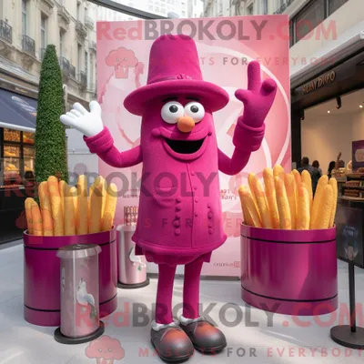 Immagine prodotto di Personaggio mascotte REDBROKOLY di patatine fritte magenta vestito con maglietta e cappelli Henley