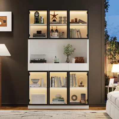 Immagine prodotto di Mobiletto espositivo bianco con illuminazione a LED, dimensioni 120x36x200 cm, alto mobiletto in vetro con sei ante e cornice in alluminio nero, ideale per soggiorno e ufficio