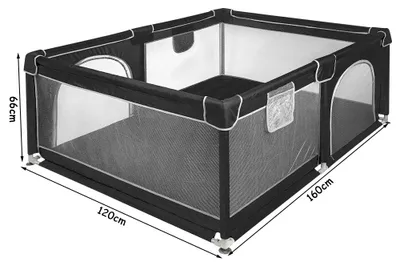 Image de Parc pour bébé - Clôture de jeu - Dimensions : 120 x 160 cm - Maille respirante - Structure en métal - 2 entrées latérales avec fermeture éclair - Noir