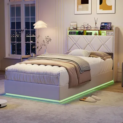 Produktbild von Polsterbett 90x200 cm mit hydraulischem Stauraum, Stauraum-Kopfteil, LED, USB & Type-C Anschluss, Lattenrost, Leinenstoff Beige, ohne Matratze