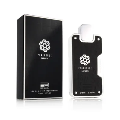 A perfume bottle and its packaging are displayed against a white background.