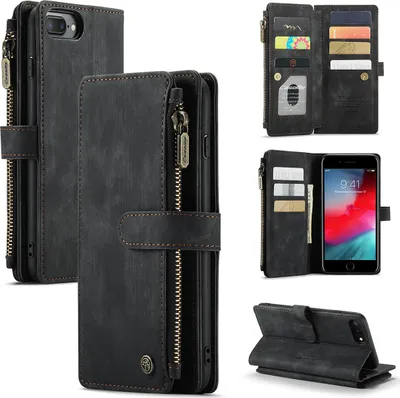 Produktbild von iPhone 6 / 6s / 7 / 8 Plus Handyhülle, Reißverschluss Hülle Kunstleder Klapphülle Magnetverschluss Kartenfach Standfunktion Geldbörse Schutzhülle für iPhone 6 Plus / 6s Plus / 7 Plus / 8 Plus Schwarz