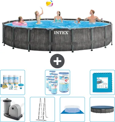 Produktbild von Intex Round Prism Frame Greywood-Schwimmbecken – 549 x 122 cm – inklusive Pumpe – Leiter – Bodenplane – Abdeckung Wartungspaket - Filter - Bodenfliesen